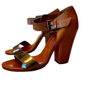 LATITUDE I FEMME Italian Natural Leather & Metallic Block Heels Size 38 …